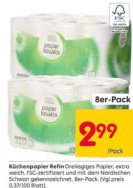 Küchenpapier Refin Dreilagiges Papier, extra weich. FSC-zertifiziert und mit dem Nordischen Schwan gekennzeichnet. 8er-Pack.