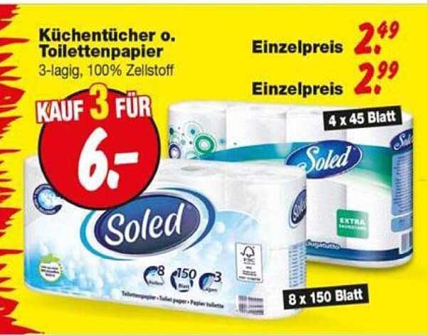 Küchentücher o. Toilettenpapier 3-lagig, 100% Zellstoff