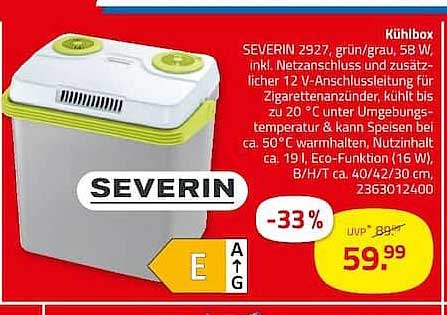 Kuhbox SEVERIN 2927, grün/grau, 58 W, mtl. Netzanschluss und zusätzliche 12 V-Anschlussleitung für Zigarettenanzünder, kühlt bis zu 20 °C unter Umgebungstemperatur & kann Speisen auf ca. 50 °C warmhalten, Nutzinhalt ca. 19 L, Eco-Funktion (16 W), B/H/T ca