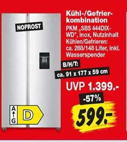 Kühl-/Gefrierkombination PKM „SBS 444DIX-WD“, inox, Nutzinhalt Kühlen/Gefrieren: ca. 288/148 Liter, inkl. Wasserspender