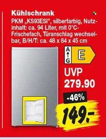 Kühlschrank PKM KS93ESI, silberfarbig, Nutzinhalt: ca. 94 Liter, mit 0°C-Frischefach, Türanschlag wechselbar, B/H/T: ca. 48 x 84 x 45 cm