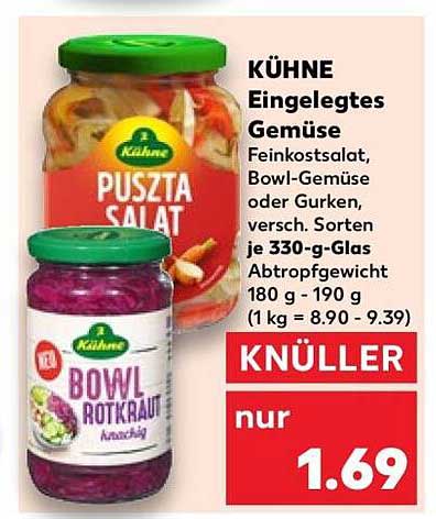 KÜHNE Eingelegtes Gemüse Feinkostsalat, Bowl-Gemüse oder Gurken, versch. Sorten je 330-g-Glas Abtropfgewicht 180 g - 190 g (1 kg = 8.90 - 9.39)