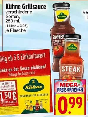 Kühne Grillsauce verschiedene Sorten, 250 ml, (1 Liter = 3,96), je Flasche