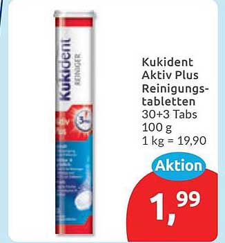 Kukident Aktiv Plus Reinigungstabletten 30+3 Tabs 100 g 1 kg = 19,90 Aktion