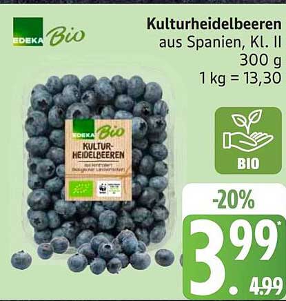 Kulturheidelbeeren aus Spanien, Kl. II 300 g 1 kg = 13,30