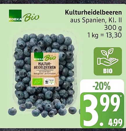 Kulturheidelbeeren aus Spanien, Kl. II 300 g 1 kg = 13,30