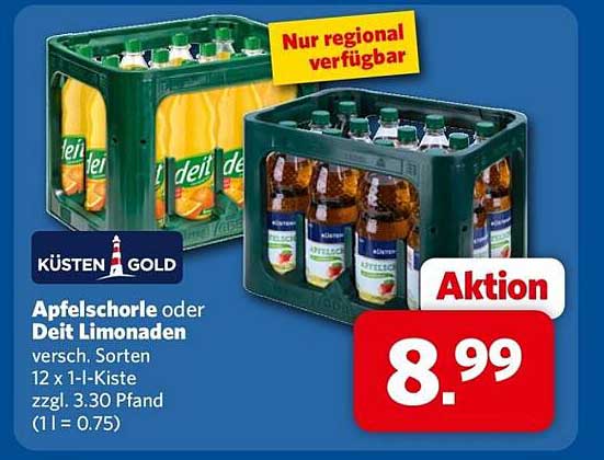KÜSTEN GOLD Apfelschorle oder Deit Limonaden versch. Sorten 12 x 1-l-Kiste zzgl. 3.30 Pfand (1 l = 0.75)