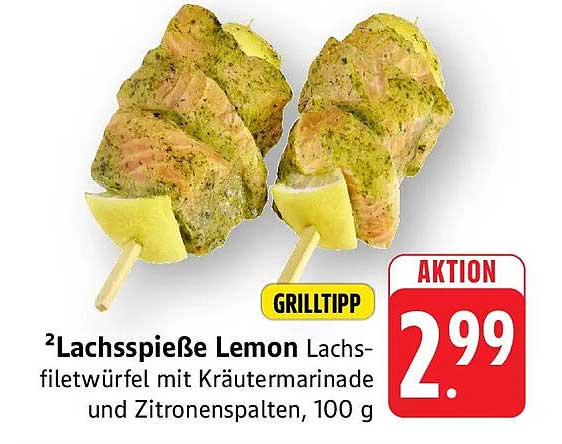 Lachsspieße Lemon Lachsfiletwürfel mit Kräutermarinade und Zitronenspalten, 100 g