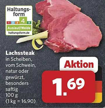 Lachssteak in Scheiben, vom Schwein, natur oder gewürzt, besonders saftig 100 g (1 kg = 16,90)