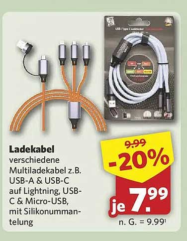 Ladekabel verschiedene Multikabel z.B. USB-A & USB-C auf Lightning, USB-C & Micro-USB, mit Silikonummantelung