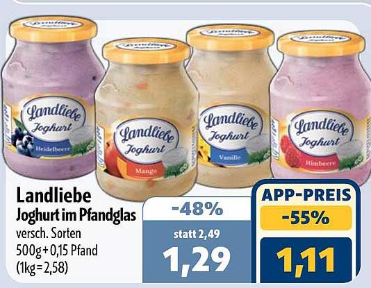 Landliebe Joghurt im Pfandglas versch. Sorten 500g+ 0,15 Pfand (1kg=2,58)