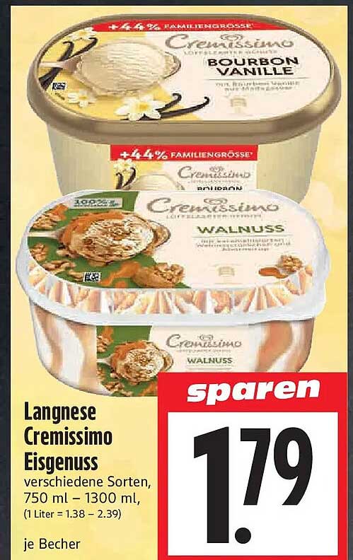 Langnese Cremissimo Eisgenuss verschiedene Sorten, 750 ml – 1300 ml, je Becher