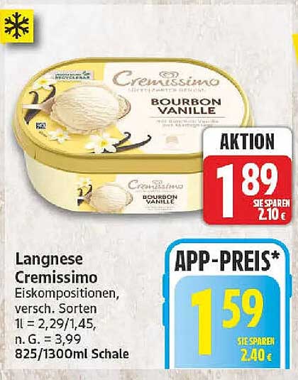 Langnese Cremissimo Eiskompositionen, versch. Sorten 1 l = 2,29/1,45, n. G. = 3,99 825/1300ml Schale