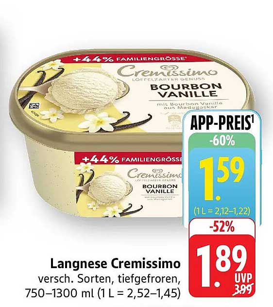 Langnese Cremissimo versch. Sorten, tiefgefroren, 750–1300 ml (1 L = 2,52–1,45)