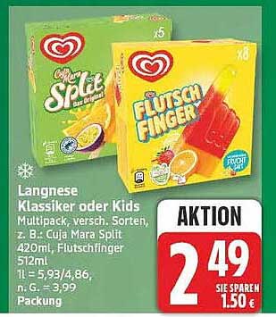 Langnese Klassiker oder Kids Multipack, versch. Sorten, z. B.: Cuja Mara Split 420ml, Flutschfinger 512ml
