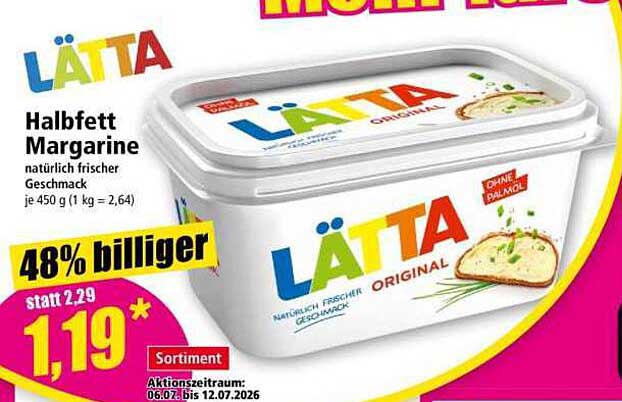 LÄTTA HalbFett Margarine natürlich frischer Geschmack je 450 g (1 kg = 2,64)