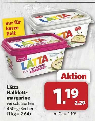 Lätta Halbfettmargarine versch. Sorten 450-g-Becher (1 kg = 2.64)