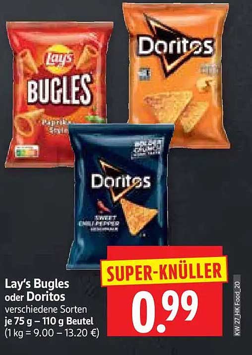 Lay's Bugles oder Doritos verschiedene Sorten je 75 g – 110 g Beutel (1 kg = 9.00 – 13.20 €)