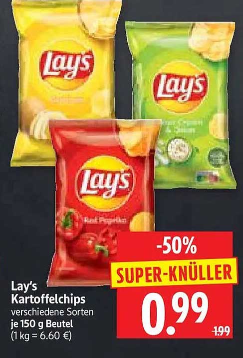 Lay’s Kartoffelchips verschiedene Sorten je 150 g Beutel (1 kg = 6.60 €)