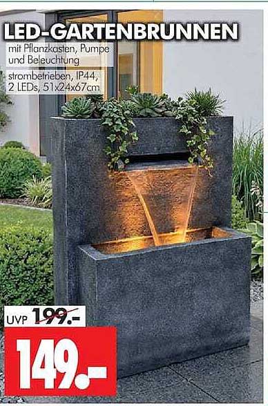 LED-GARTENBRUNNEN mit Pflanzkasten, Pumpe und Beleuchtung