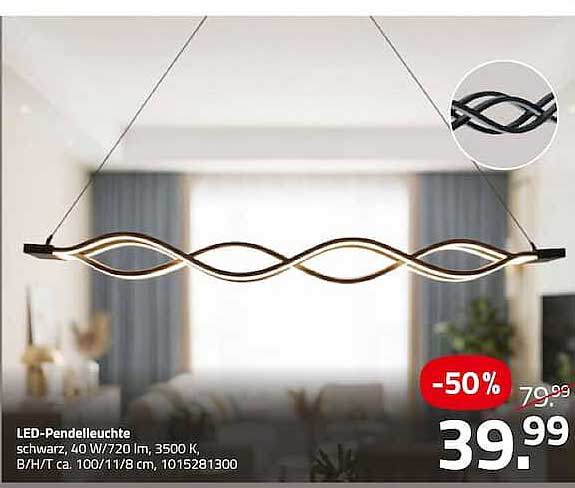 LED-Pendelleuchte schwarz, 40 W/720 lm, 3500 K, B/H/T ca. 100/11/8 cm, 1015281300