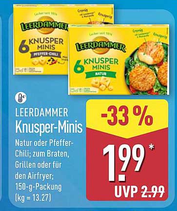 LEERDAMMER Knusper-Minis Natur oder Pfeffer-Chili; zum Braten, Grillen oder für den Airfryer; 150-g-Packung (kg = 13.27)