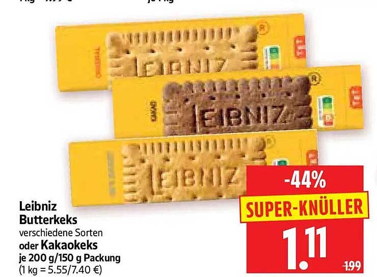 Leibniz Butterkeks verschiedene Sorten oder Kakaokeks je 200 g/150 g Packung (1 kg = 5.55/7.40 €)