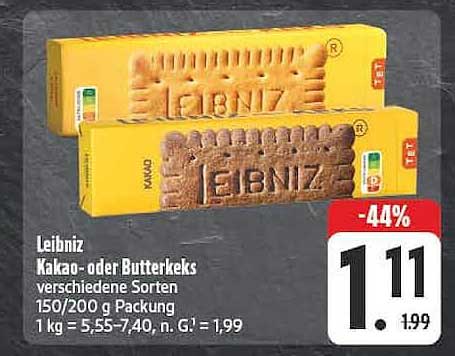 Leibniz Kakao- oder Butterkeks verschiedene Sorten 150/200 g Packung 1 kg = 5,55–7,40, n. G. = 1,99