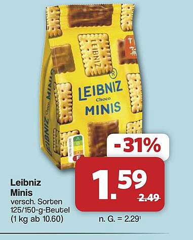 Leibniz Minis versch. Sorten 125/150-g-Beutel (1 kg ab 10.60)
