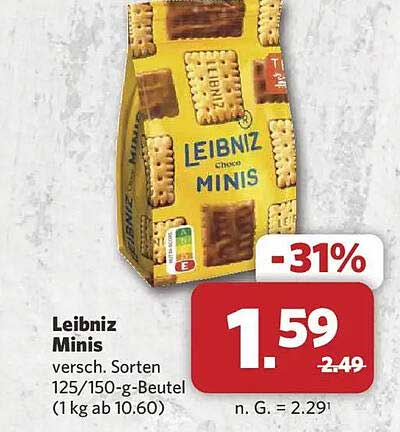 Leibniz Minis versch. Sorten 125/150-g-Beutel (1 kg ab 10.60)
