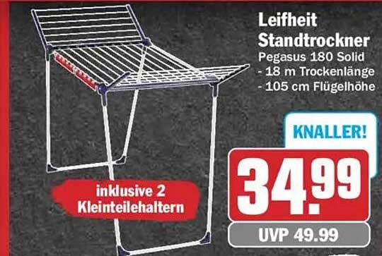 Leifheit Standtrockner Pegasus 180 Solid - 18 m Trockenlänge - 105 cm Flügellhöhe inklusive 2 Kleinteilehaltern