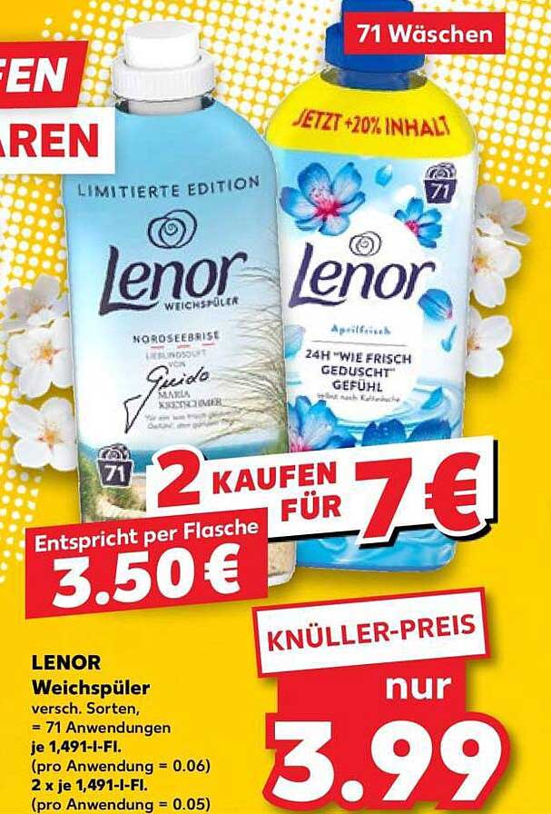 LENOR Weichspüler versch. Sorten, = 71 Anwendungen je 1,491-I-Fl. (pro Anwendung = 0.06) 2 x je 1,491-I-Fl. (pro Anwendung = 0.05)