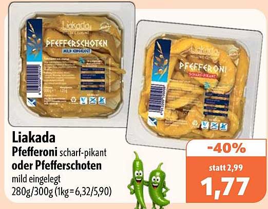 Liakada Pfefferoni scharf-pikant oder Pfefferschoten mild eingelegt 280g/300g (1kg=6,32/5,90)