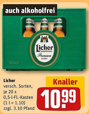 Licher versch. Sorten, je 20 x 0,5-l-Fl.-Kasten (1 l = 1.10) zzgl. 3.10 Pfand