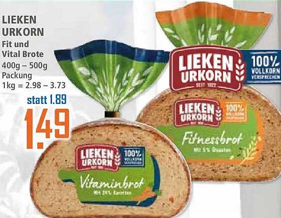 LIEKEN URKORN Fit und Vital Brote 400g – 500g Packung
