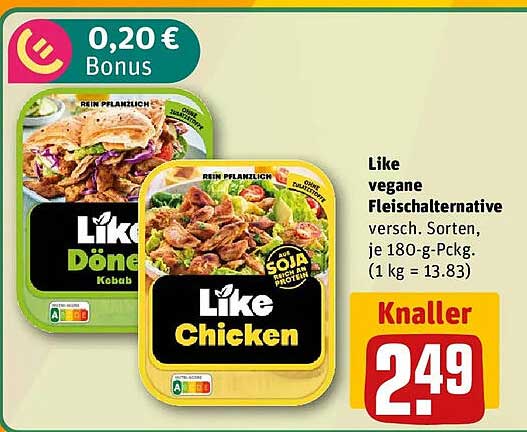 Like vegane Fleischalternative versch. Sorten, je 180-g-Pckg. (1 kg = 13.83)