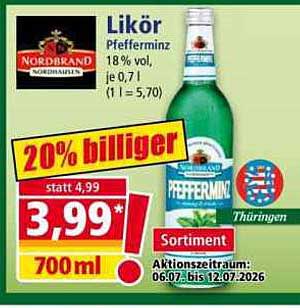 Likör Pfefferminz 18 % vol, je 0,7 l (1 l = 5,70)
