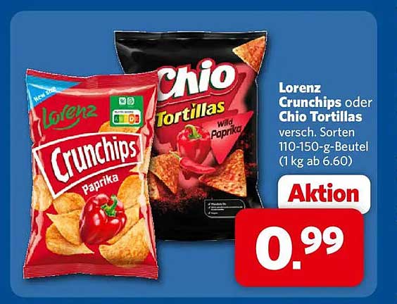 Lorenz Crunchips oder Chio Tortillas versch. Sorten 110-150-g-Beutel (1 kg ab 6.60)