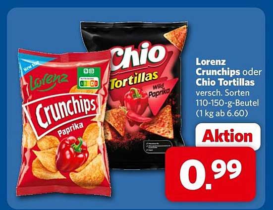 Lorenz Crunchips oder Chio Tortillas versch. Sorten 110-150-g-Beutel (1 kg ab 6.60)
