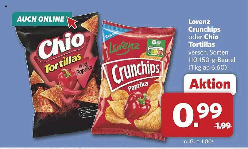 Lorenz Crunchips oder Chio Tortillas versch. Sorten 110-150-g-Beutel (1 kg ab 6.60)