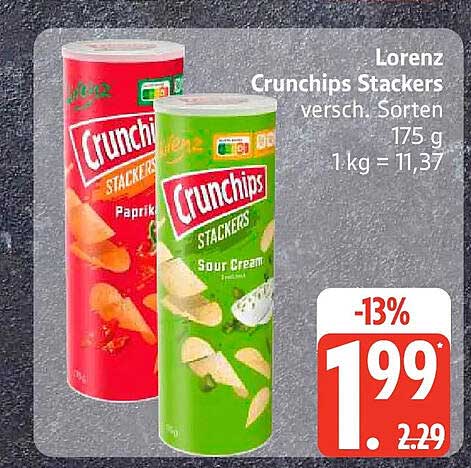 Lorenz Crunchips Stackers versch. Sorten 175 g 1 kg = 11,37
