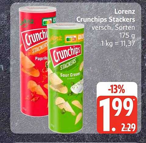 Lorenz Crunchips Stackers versch. Sorten 175 g 1 kg = 11,37