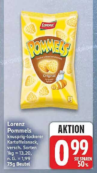 Lorenz Pommels knusprig-lockerer Kartoffelsnack, versch. Sorten 1kg = 13,20, n.G. = 1,99 75g Beutel