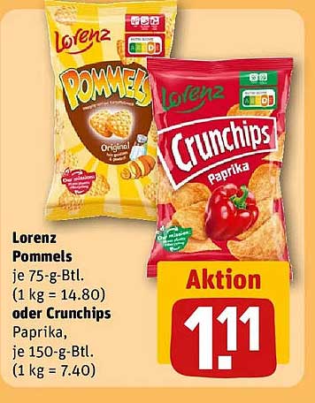 Lorenz Pommes je 75-g-Btl. (1 kg = 14.80) oder Crunchips Paprika, je 150-g-Btl. (1 kg = 7.40)