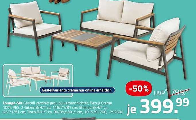 Lounge-Set Gestell verzinkt grau pulverbeschichtet, Bezug Creme