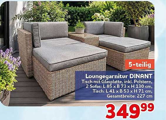 Loungemarnitur DINANT Tisch mit Glasplatte, inkl. Polster, 2 Sofas: L 85 x B 73 x H 130 cm, Tisch: L 41 x B 53 x H 71 cm, Gesamtbreite: 227 cm