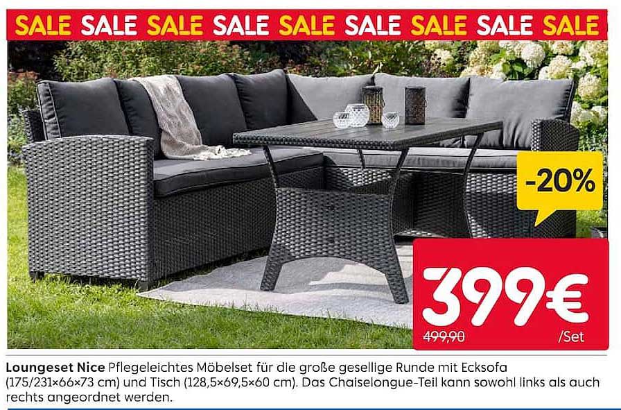 Loungeset Nice Pflegeleichtes Möbelset für die große gesellige Runde mit Ecksofa (175/231x66x73 cm) und Tisch (128,5x69,5x60 cm). Das Chaiselongue-Teil kann sowohl links als auch rechts angeordnet werden.