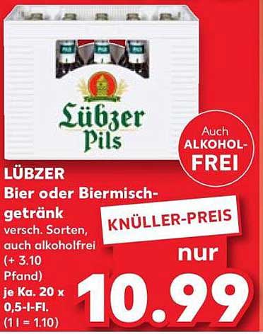 LÜBZER Bier oder Biermischgetränk versch. Sorten, auch alkoholfrei (+ 3.10 Pfand) je Kt. 20 x 0.5-L- Flaschen (1 l = 1.10)