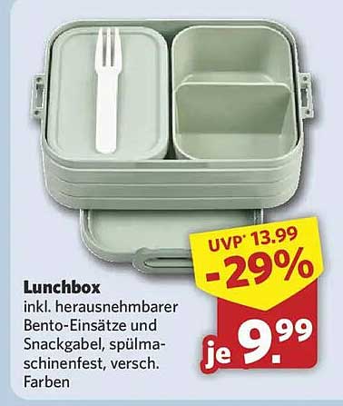 Lunchbox inkl. herausnehmbarer Bento-Einsätze und Snackabel, spülmaschinenfest, versch. Farben
