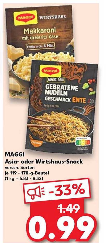 MAGGI Asia- oder Wirtshaus-Snack versch. Sorten je 119 - 170-g-Beutel (1 kg = 5.83 - 8.32)
